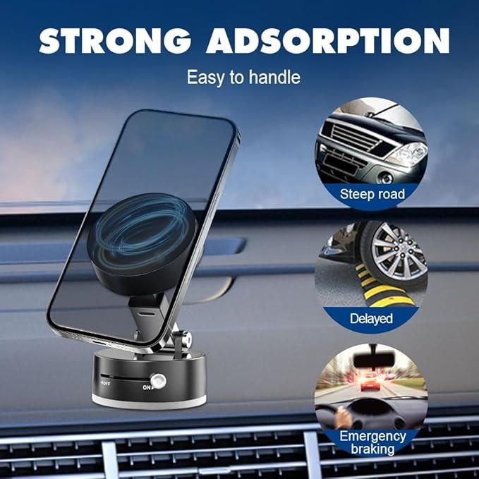 Vacuum Magnetic Suction Phone Holder for car Foldable Mobile Holder with Secure Grip Compatible with Mag Safe Car Mount, Windshield, Dashboard, Office Desk, Mirror (Blk)