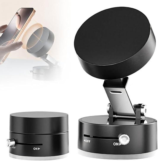 Vacuum Magnetic Suction Phone Holder for car Foldable Mobile Holder with Secure Grip Compatible with Mag Safe Car Mount, Windshield, Dashboard, Office Desk, Mirror (Blk)