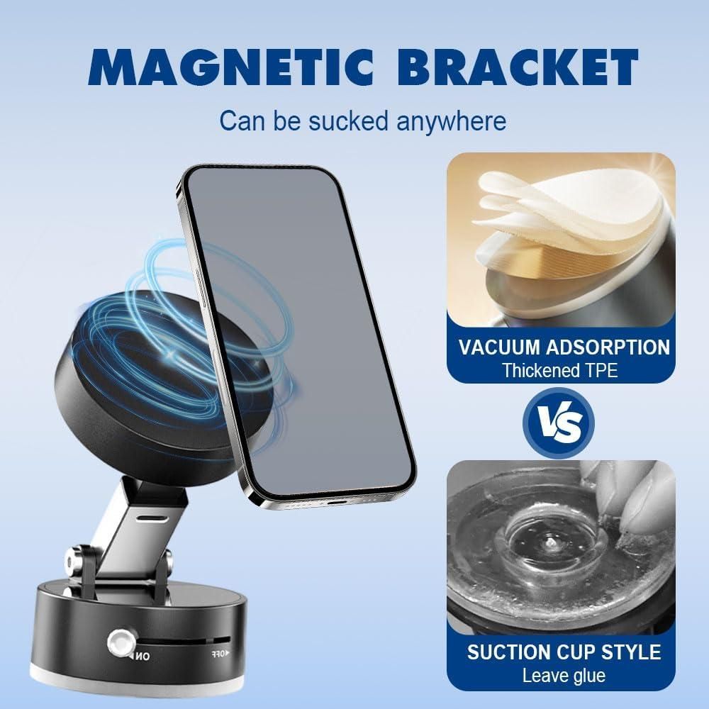 Vacuum Magnetic Suction Phone Holder for car Foldable Mobile Holder with Secure Grip Compatible with Mag Safe Car Mount, Windshield, Dashboard, Office Desk, Mirror (Blk)